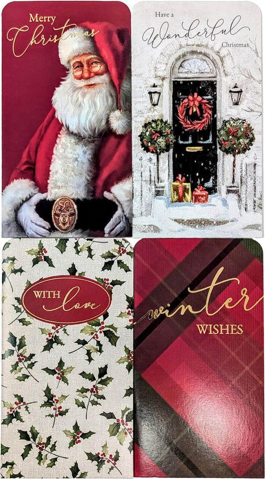 4 Christmas Money Wallets with Envelopes – Santa, Winter Door, Holly & Tartan Designs with Gold Foil Text – Perfect for Cash, Vouchers & Gift Cards (16 × 9 cm)