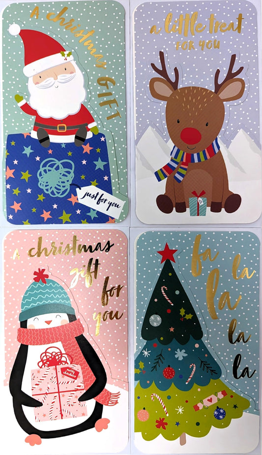 4-Pack Kids Christmas Money Wallets with White Envelopes – Gold Foil Santa, Reindeer, Penguin & Christmas Tree Designs – 16 x 9 cm