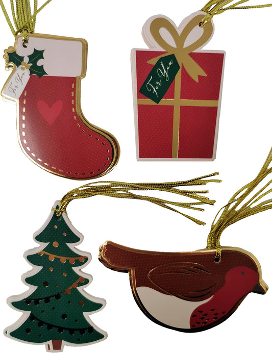 20 Premium Christmas Gift Tags – Christmas Tree, Stocking, Robin & Present Designs with Gold String (8–9 × 4–5 cm)