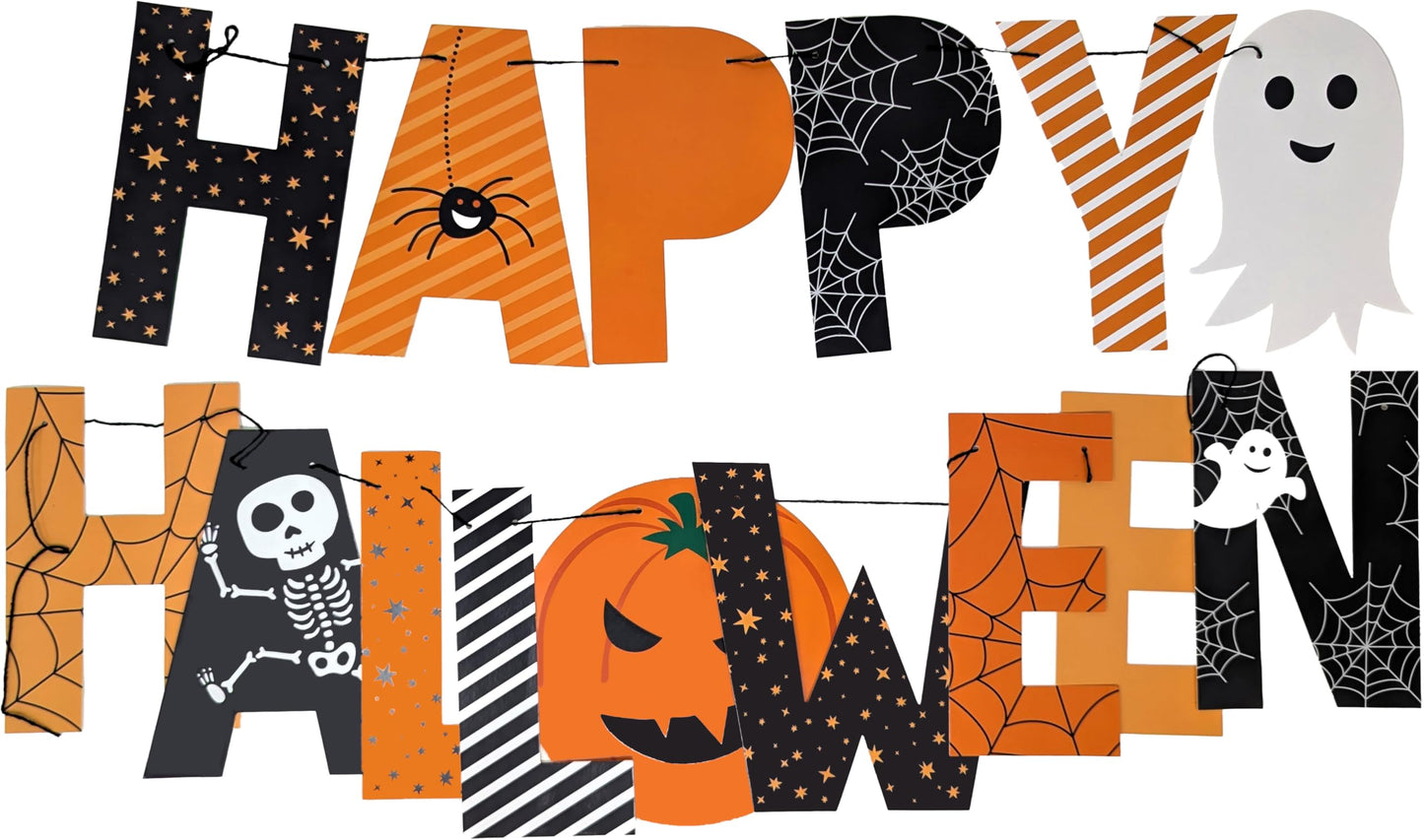 🎃 Happy Halloween Banner – 2m Pre-Strung Garland with Pumpkins, Ghosts & Skeletons – Kids & Party Decoration