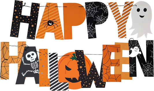🎃 Happy Halloween Banner – 2m Pre-Strung Garland with Pumpkins, Ghosts & Skeletons – Kids & Party Decoration