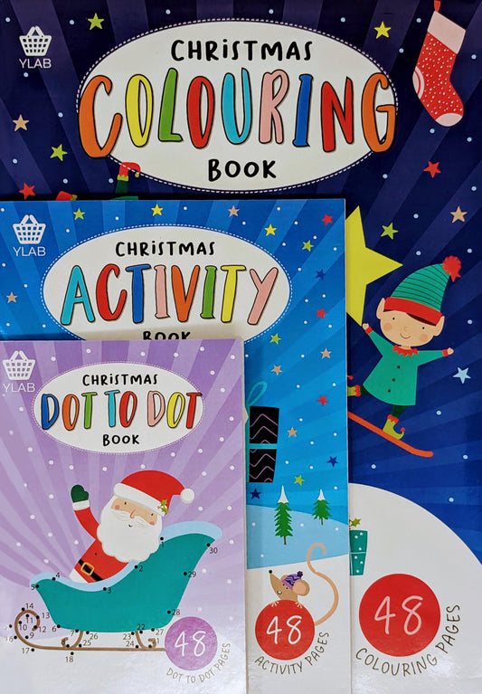 3-in-1 Christmas Activity Book Set – A4 Colouring, Dot to Dot & Puzzle – 3 Books, 48 Pages Each – Eco-Friendly Gift for Kids Ages 3–8