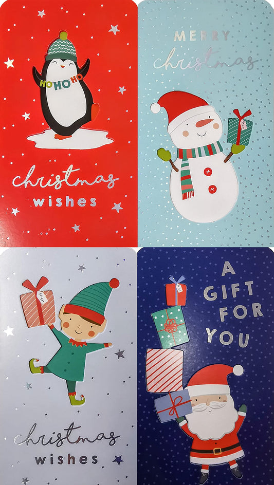 4-Pack Kids Christmas Money Wallets with Red Envelopes – Silver Foil Santa, Snowman, Penguin & Elf – Holds Cash, Gift Cards & Vouchers – 16 x 9 cm