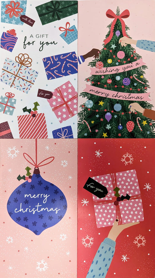4 Modern Christmas Money Wallets with White Envelopes – Festive Baubles, Gifts & Tree Designs – Holds Cash, Vouchers & Gift Cards – 16 x 9 cm