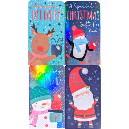 4-Pack Christmas Money Wallets with Red Envelopes – Silver Foil Santa, Snowman, Reindeer & Penguin Designs – 16 x 9 cm