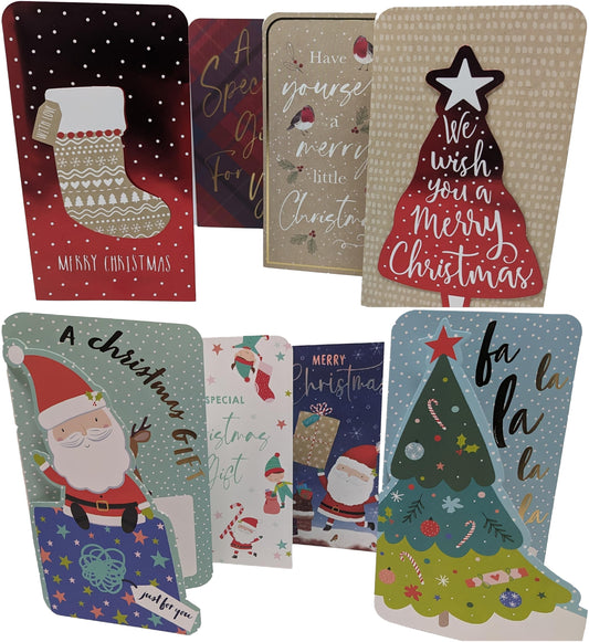 8 Festive Christmas Money Wallets with White Envelopes – Holds Cash, Gift Cards & Vouchers – 16 x 9 cm – Assorted Designs