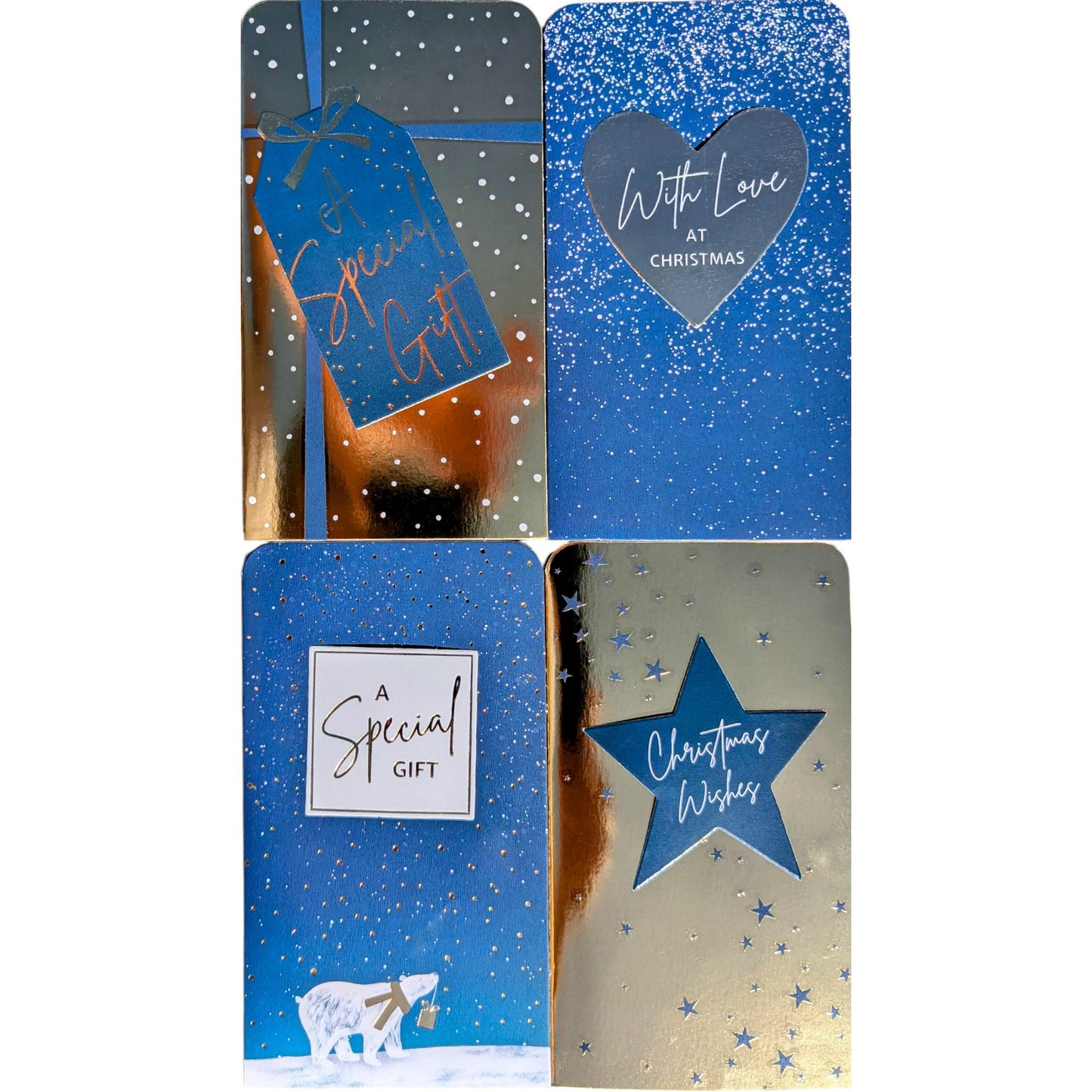 4 Luxury Christmas Money Wallets – Winter Night Sky Navy & Gold Foil with White Envelopes (16 × 9 cm)