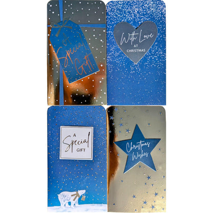4 Luxury Christmas Money Wallets – Winter Night Sky Navy & Gold Foil with White Envelopes (16 × 9 cm)