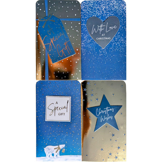 4 Luxury Christmas Money Wallets – Winter Night Sky Navy & Gold Foil with White Envelopes (16 × 9 cm)
