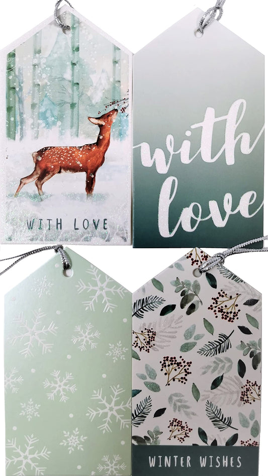 Forest Frost Green Christmas Gift Tags – Pack of 20 – 11.5 × 6.2 cm – Pre-Attached Silver String – Writable Reverse