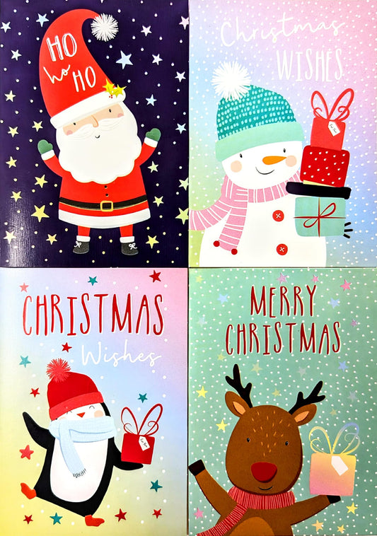 32 Mini Christmas Cards for Children – 4 Fun Festive Designs – Santa, Reindeer, Penguin & Snowman – With Red Envelopes – Xmas School Cards for Kids – Holiday Classroom Exchange