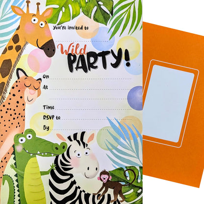 YLAB - 20 Jungle Safari Party Invitations – Kids Birthday Invites with Orange Envelopes – Animal Themed Party