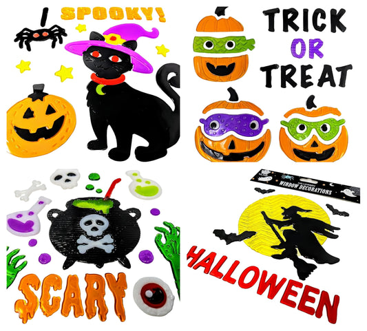 Halloween Gel Window Stickers – Pack of 4 Sheets (20 × 20 cm) – Pumpkins, Ghosts, Bats & Spiders – Reusable