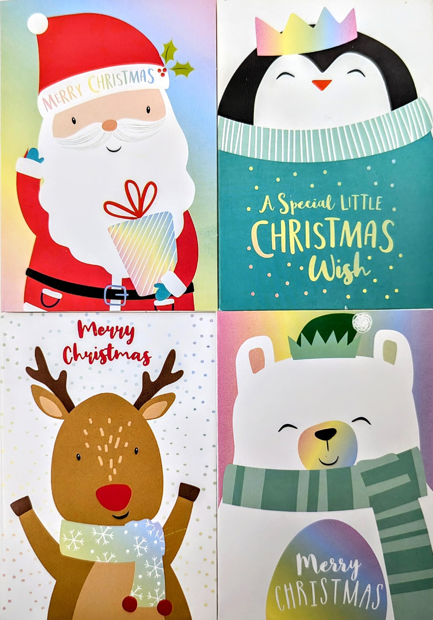 32 Mini Christmas Cards for Kids – 4 Cute Designs – Santa, Reindeer, Penguin & Polar Bear – With Red Envelopes – Small Festive School Cards for Children – 8.5 x 6 cm