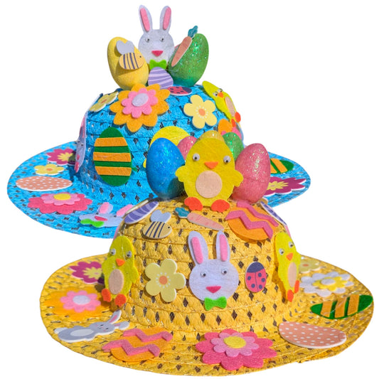Easter Bonnet Kit for Boys & Girls – 89-Piece Craft Set with 2 Hats (Yellow & Blue), Foam & Felt Stickers, Glitter Eggs – DIY Easter Crafts for Kids