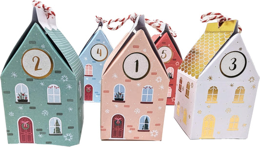 DIY Advent Calendar Kit – 25 Christmas House Boxes to Fill – Gold Number Stickers & String – Reusable Mini Gift Boxes – Make Your Own Advent Calendar - Dimensions per box: 5 x 5 x 8.5 cm