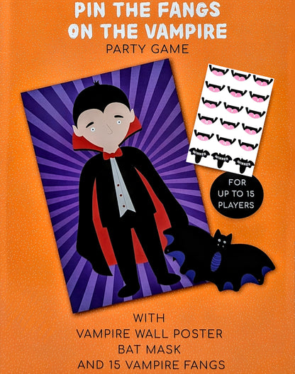 🧛 Pin the Fangs on the Vampire – Halloween Party Game for Kids – Poster, Blindfold & Stickers (15 Players)