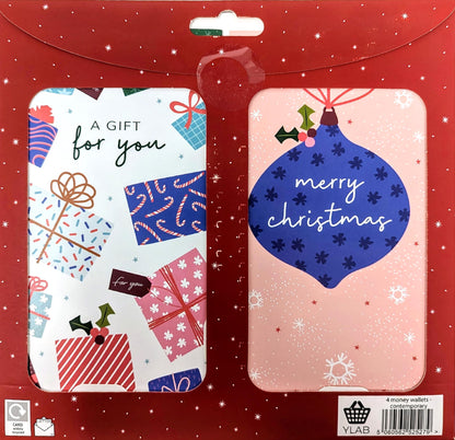 4 Modern Christmas Money Wallets with White Envelopes – Festive Baubles, Gifts & Tree Designs – Holds Cash, Vouchers & Gift Cards – 16 x 9 cm
