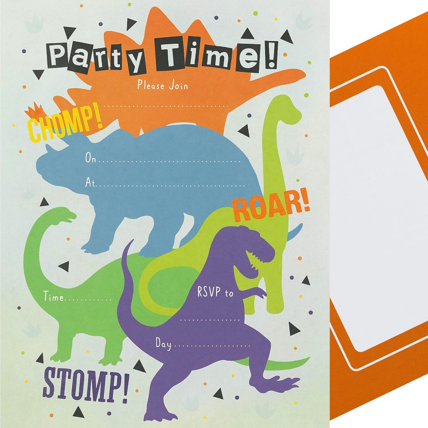YLAB 20 Dinosaur Birthday Party Invitations with Orange Envelopes – Fun & Colourful Dino Themed Party Invites for Kids – Easy to Fill – Perfect for Boys & Girls – 19 x 13.5 cm