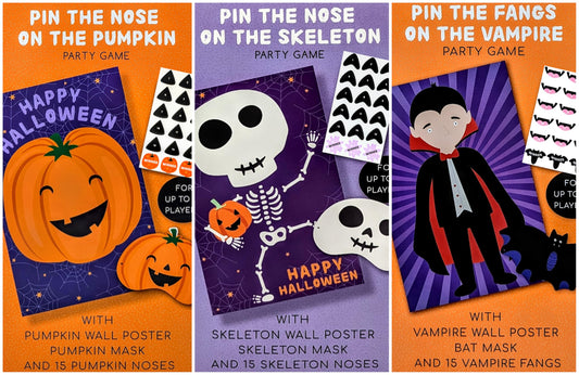 3-in-1 Halloween Party Game Bundle – Pin the Nose & Fangs Games for Kids – Pumpkin, Skeleton & Vampire (15 Players Each)