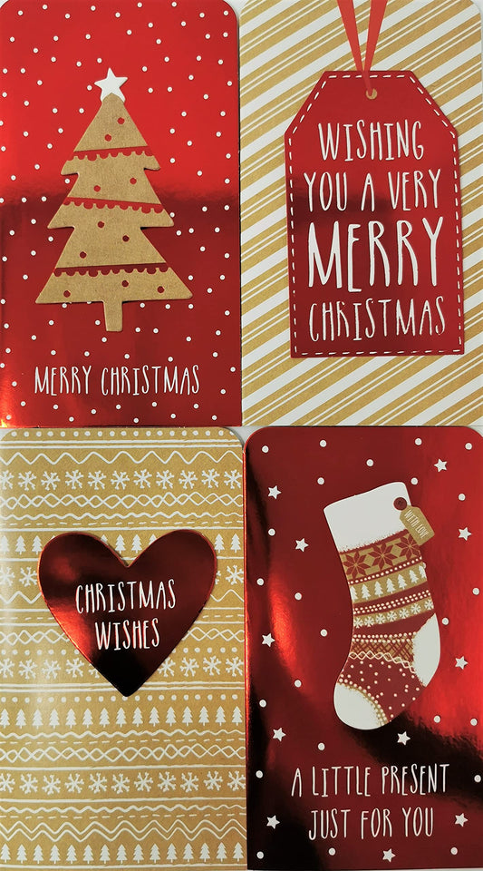 4-Pack 3D Christmas Money Wallets with Red Envelopes – Kraft & Red Foil Designs – Holds Cash, Gift Cards & Vouchers – 16 x 9 cm