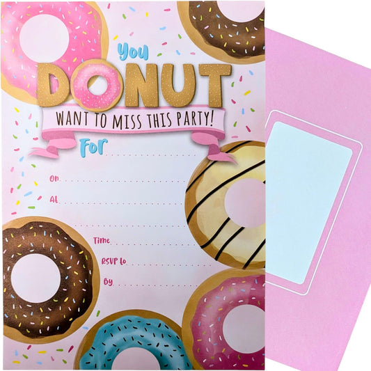 🍩 40 Donut Party Invitations with Pink Envelopes – Sweet Treat Birthday & Celebration Invites