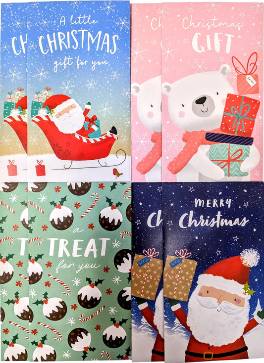 8 Kids’ Christmas Money Envelopes – 4 Festive Designs – For Cash, Gift Cards & Vouchers – 16 × 9 cm – To/From Message