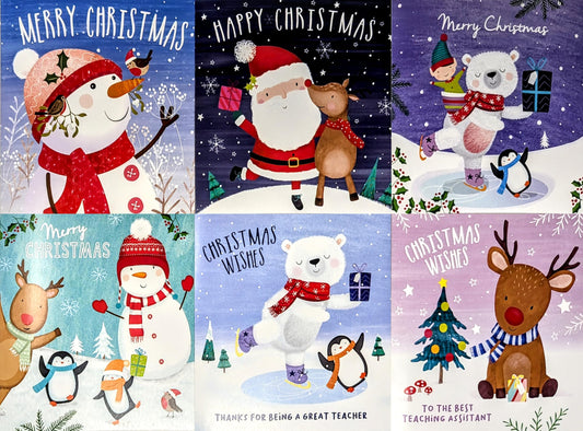 30 Mini Christmas Cards for Kids with Envelopes – 4 Festive Designs – Includes Teacher & Teaching Assistant Cards – 9.5 × 9.5 cm