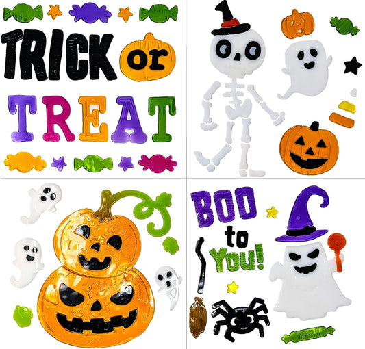 🎃 Halloween Gel Window Stickers – 4 Sheets of Reusable Gel Clings – Pumpkins, Ghosts, Skeleton & Trick or Treat
