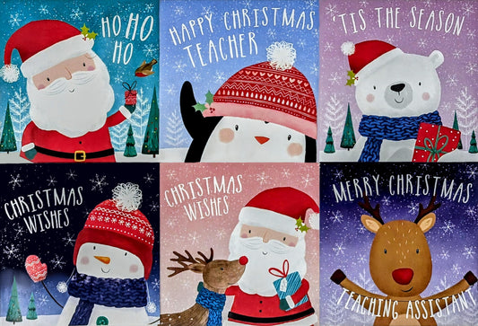 30 Mini Christmas Cards for Kids with Envelopes – 6 Festive Designs – Includes Teacher & Teaching Assistant Cards – 8 × 8 cm