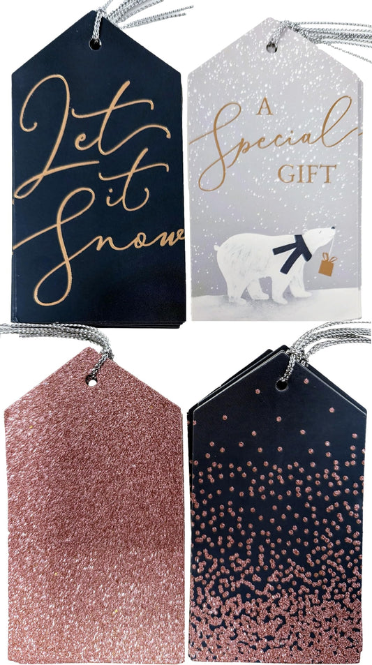 20 Luxury Christmas Gift Tags – Grey with Rose Gold Detailing – 11.5 × 6.2 cm – Pre-Attached Silver String, Writable Reverse