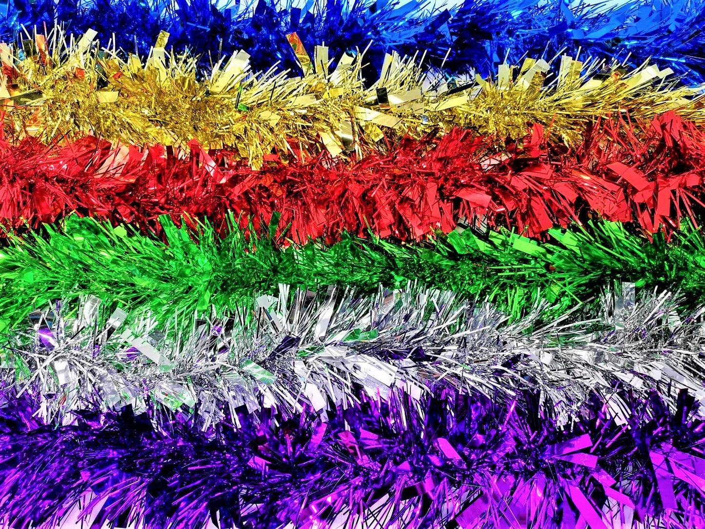 6 Multi-Coloured Christmas Tinsel Strands – 2m Each (Total 12m) – Extra Thick 10cm Festive Garland – Red, Blue, Green, Silver, Gold & Purple