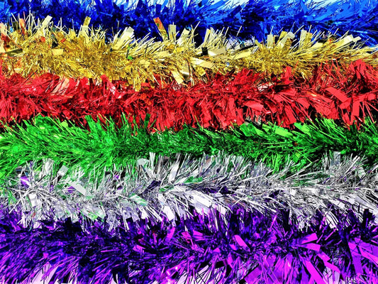 6 Multi-Coloured Christmas Tinsel Strands – 2m Each (Total 12m) – Extra Thick 10cm Festive Garland – Red, Blue, Green, Silver, Gold & Purple