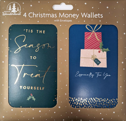 4 Glamorous Gold Foil Christmas Money Wallets with White Envelopes – Elegant Holders for Cash, Gift Cards & Vouchers (16 × 9 cm)