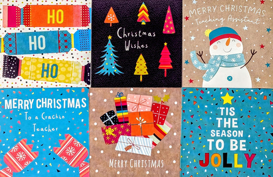 30 Mini Christmas Cards for Kids – 8x8 cm – Colourful Xmas Designs with Envelopes – Crackers, Snowmen, Trees & Teacher Cards – Festive Pack for Class, School or Nurse