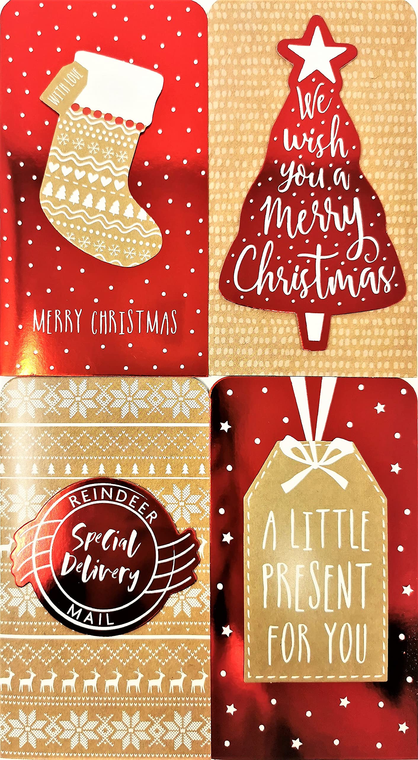 4X 3D Luxury Christmas Money Wallets & Envelopes – Red Foil & Kraft Designs – Festive Gift Card Holders with White Envelopes – Ideal for Cash, Vouchers & Gift Cards – 16 x 9 cm