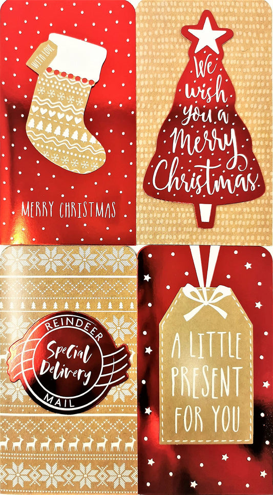 4X 3D Luxury Christmas Money Wallets & Envelopes – Red Foil & Kraft Designs – Festive Gift Card Holders with White Envelopes – Ideal for Cash, Vouchers & Gift Cards – 16 x 9 cm