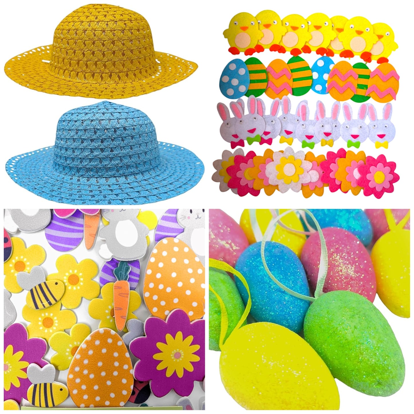 Easter Bonnet Kit for Boys & Girls – 89-Piece Craft Set with 2 Hats (Yellow & Blue), Foam & Felt Stickers, Glitter Eggs – DIY Easter Crafts for Kids