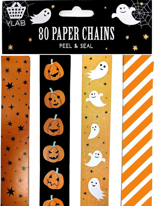 🎃 Halloween Paper Chains – 80 Peel & Seal Strips – Pumpkin, Ghost, Stars & Stripes Designs