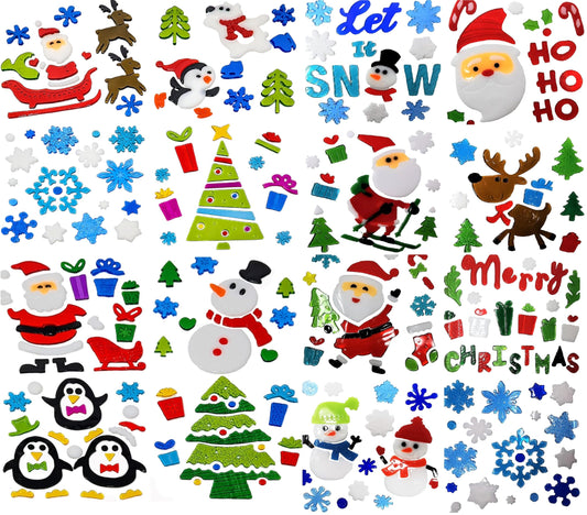 16 Sheets Christmas Window Gel Clings – Festive Reusable Stickers for Windows, Mirrors & Glass – 19×19cm