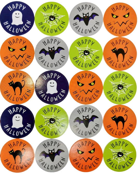 200 Assorted Halloween Stickers – 4cm Round – 8 Sheets – Ghosts, Cats, Pumpkins, Bats & Spiders
