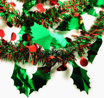3 Strands Holly Berry Christmas Tinsel – 2m Each – 13cm Thick – Festive Green & Red Decoration