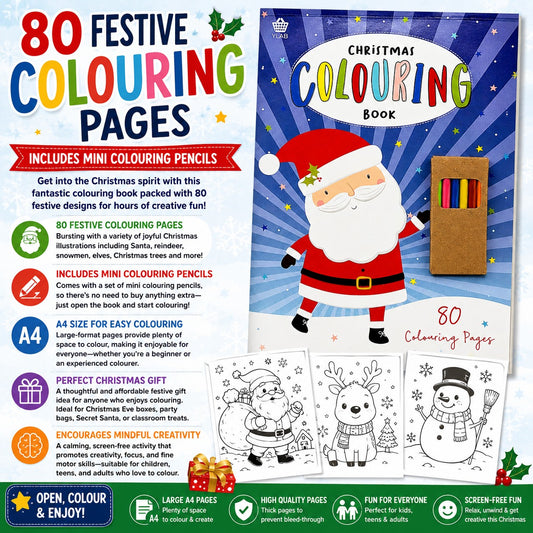 A4 Christmas Colouring Book – 80 Pages with Colouring Pencils | Xmas Activity Book for Kids & Adults | Santa, Snowmen, Reindeer & More | Stocking Filler or Christmas Eve Box Gift