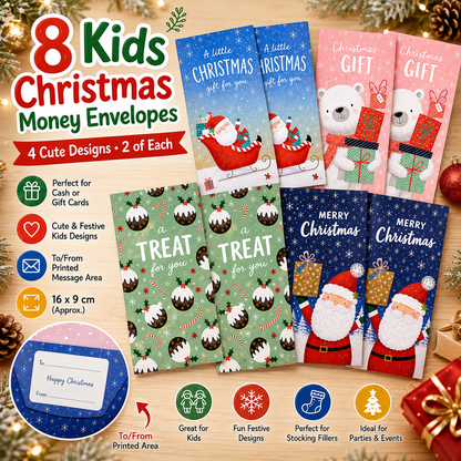 8 Kids’ Christmas Money Envelopes – 4 Festive Designs – For Cash, Gift Cards & Vouchers – 16 × 9 cm – To/From Message