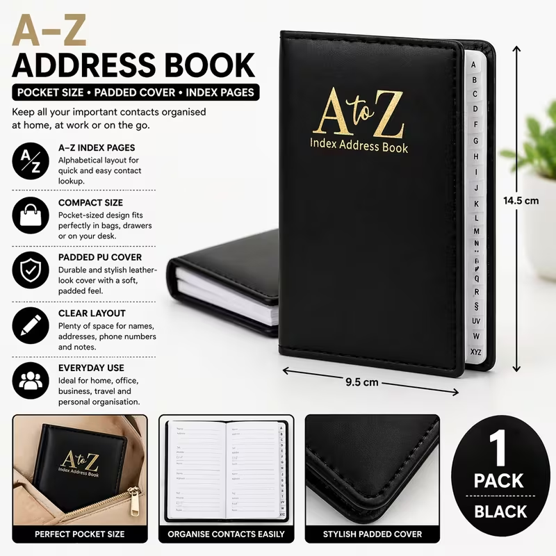 Black A to Z pocket size address book with padded cover and index pages