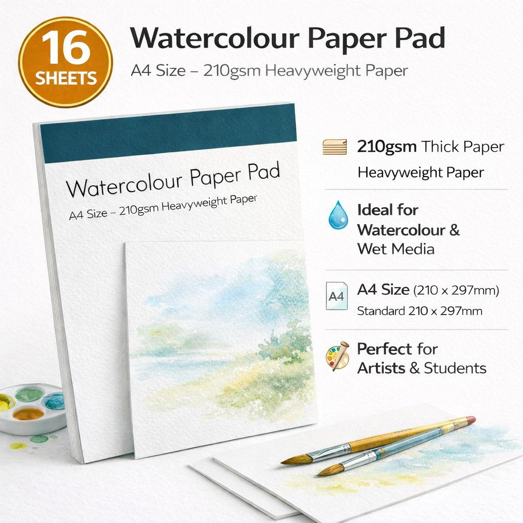 A4 watercolour paper pad with 16 sheets of 210gsm heavyweight paper for artists and students