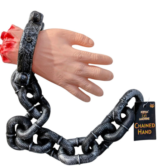 Halloween Chained Hand Prop – Severed Bloody Hand with Chain – Haunted House Dec