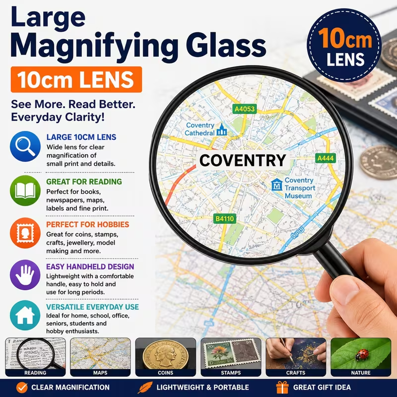 Large 10cm lens handheld magnifying glass for reading maps coins stamps crafts and everyday use