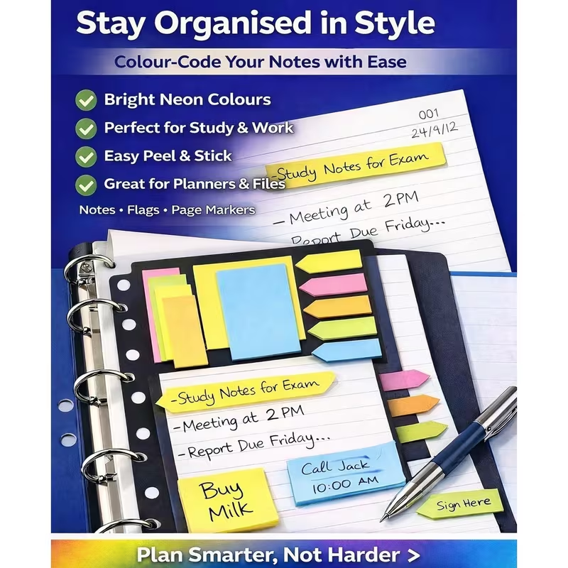 Bright neon sticky notes flags and page markers for planners files study and work