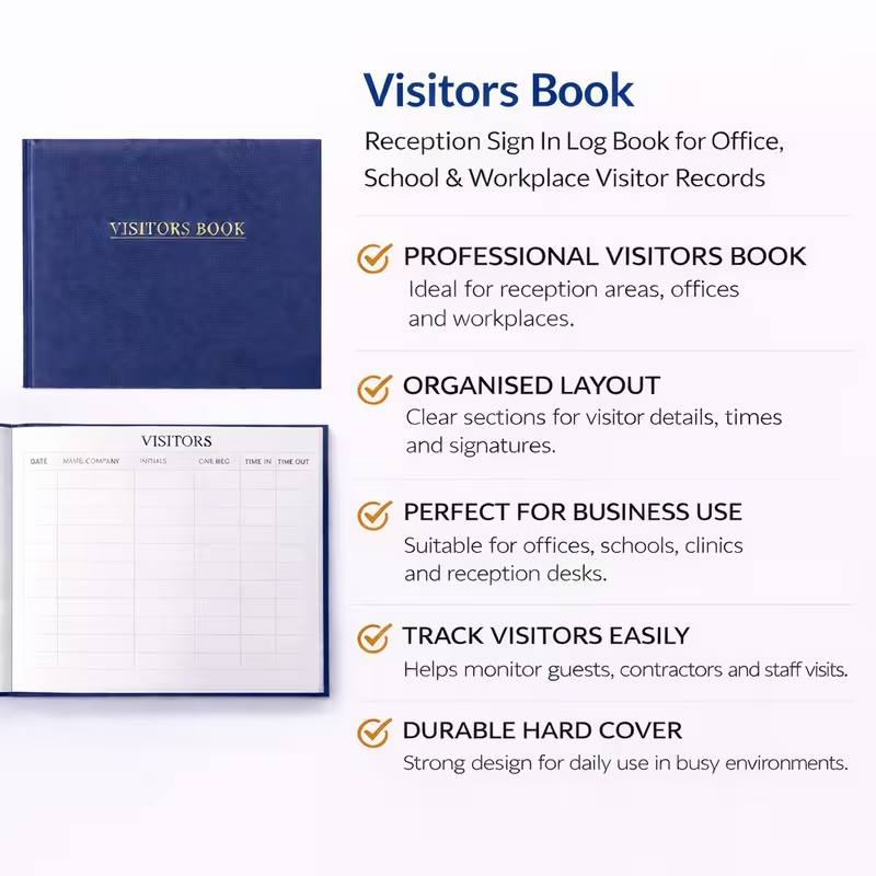 Blue visitors book reception sign in log book for office school and workplace visitor records